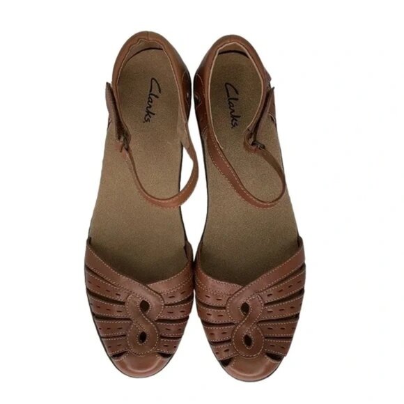 CLARKS Heeled Sandals Brown Leather Ankle Strap Size 10 - Picture 3 of 11